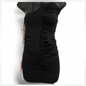 Oh Polly One Shoulder Rutched Black Mini Dress with Strap Detail Size 2